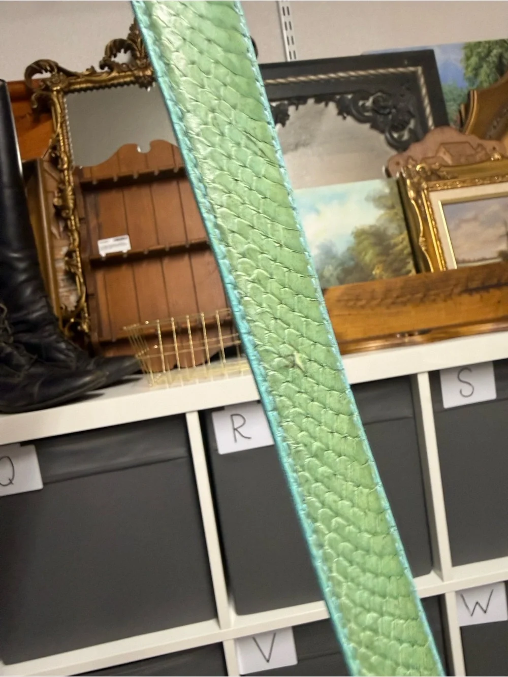 The Ritz Vintage Genuine Snakeskin Green Leather Belt with Turquoise Lining Lg